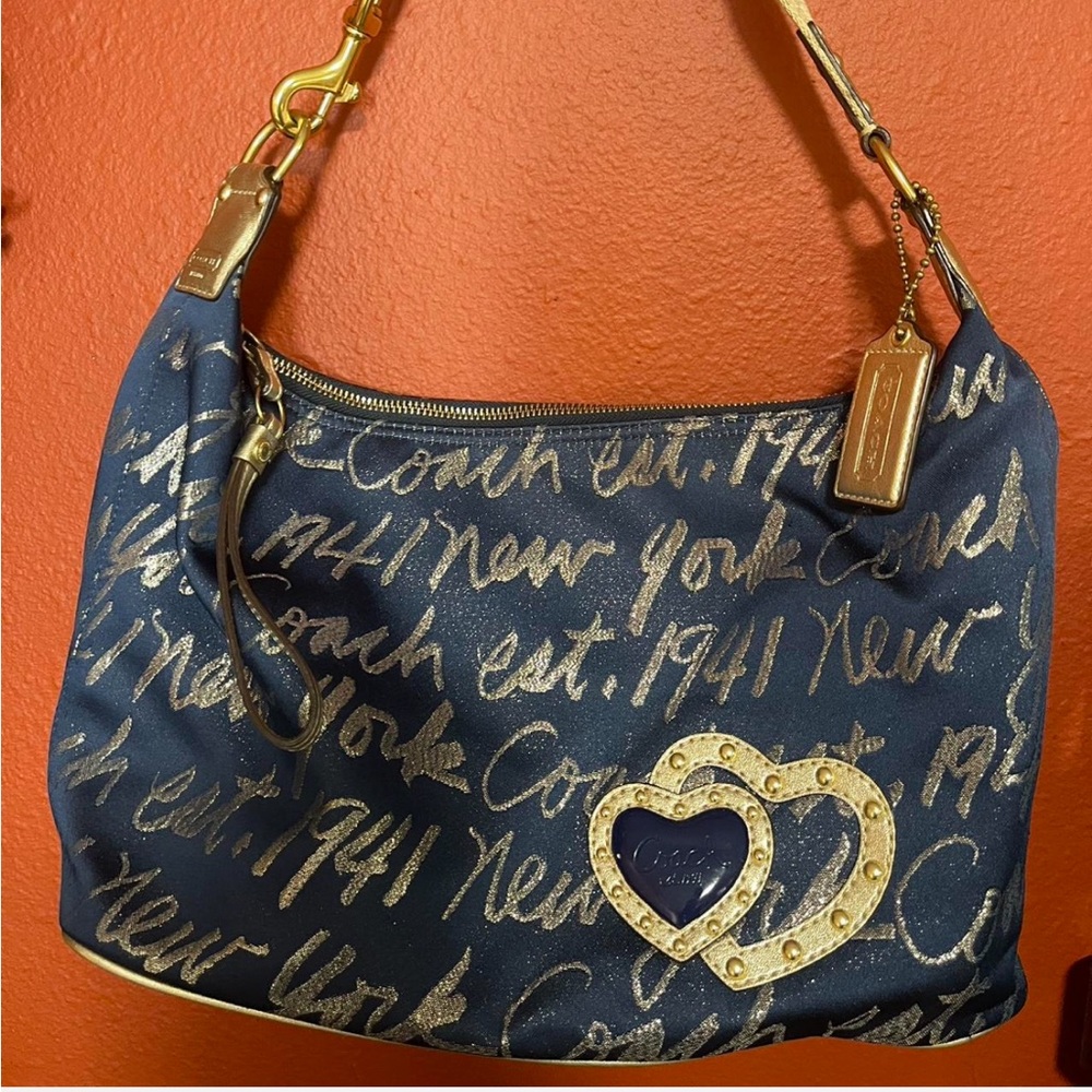 Vintage Coach Poppy Lurex Script Hobo Bag – Blue – F17472 - Picture 1 of 7